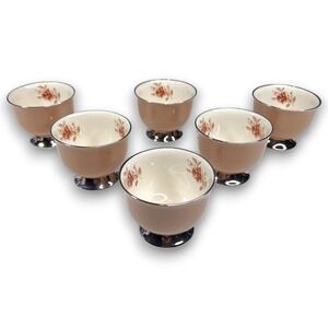 Vintage Flintridge Cocoa Rose Footed Cups Set of 6 Platinum Rim Rose Floral